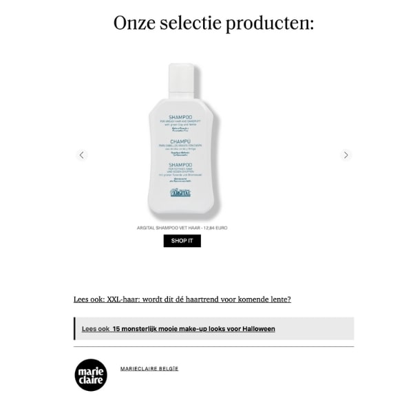 Shampooing bio Argital à l'argile verte de Biobey pour le traitement des cheveux gras et la régulation de la production de sébum, présenté dans Marie Claire Belgique.