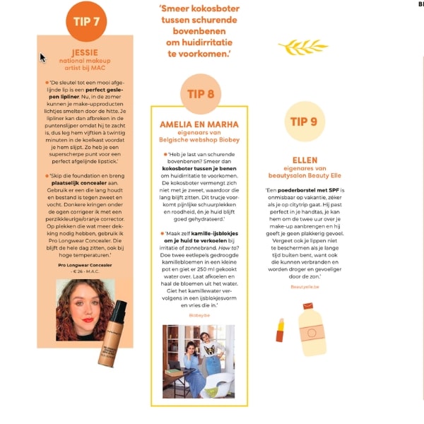 Het artikel "Summer Secrets" bundelde tips van beautyexperts om huid, haar en nagels te laten stralen - ook bij 30 graden.In de paper editie van Flair magazine deelden zussen Amelia en Marha hun natuurlijke summer beauty secrets.